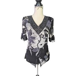 Vintage Y2K Design Works Petite Sheer Floral Rhinestone Top Boho Goth